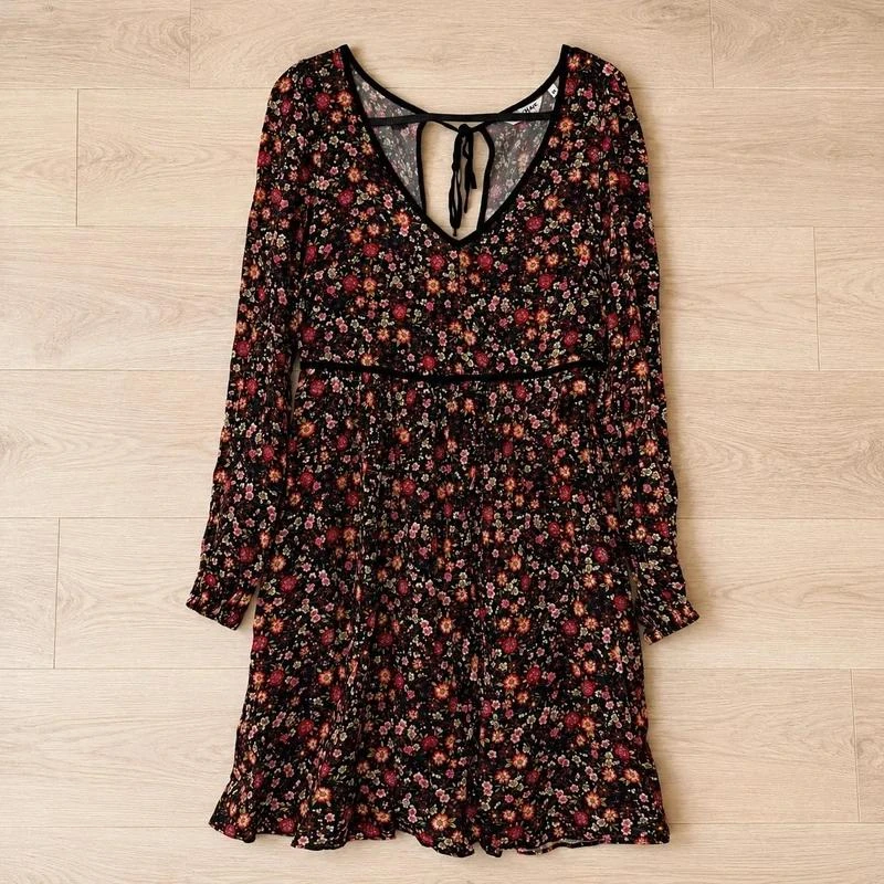 Naf naf Robe courte fleurie noire T34 XS manches longues bohème romantique